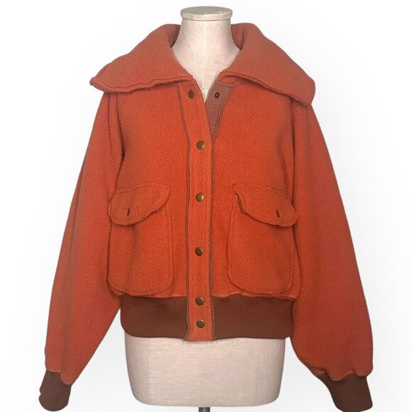 FREE PEOPLE Shasta Cardi Sherpa Bomber Jacket Snap Closure Orange Relaxed L - Picture 3 of 14